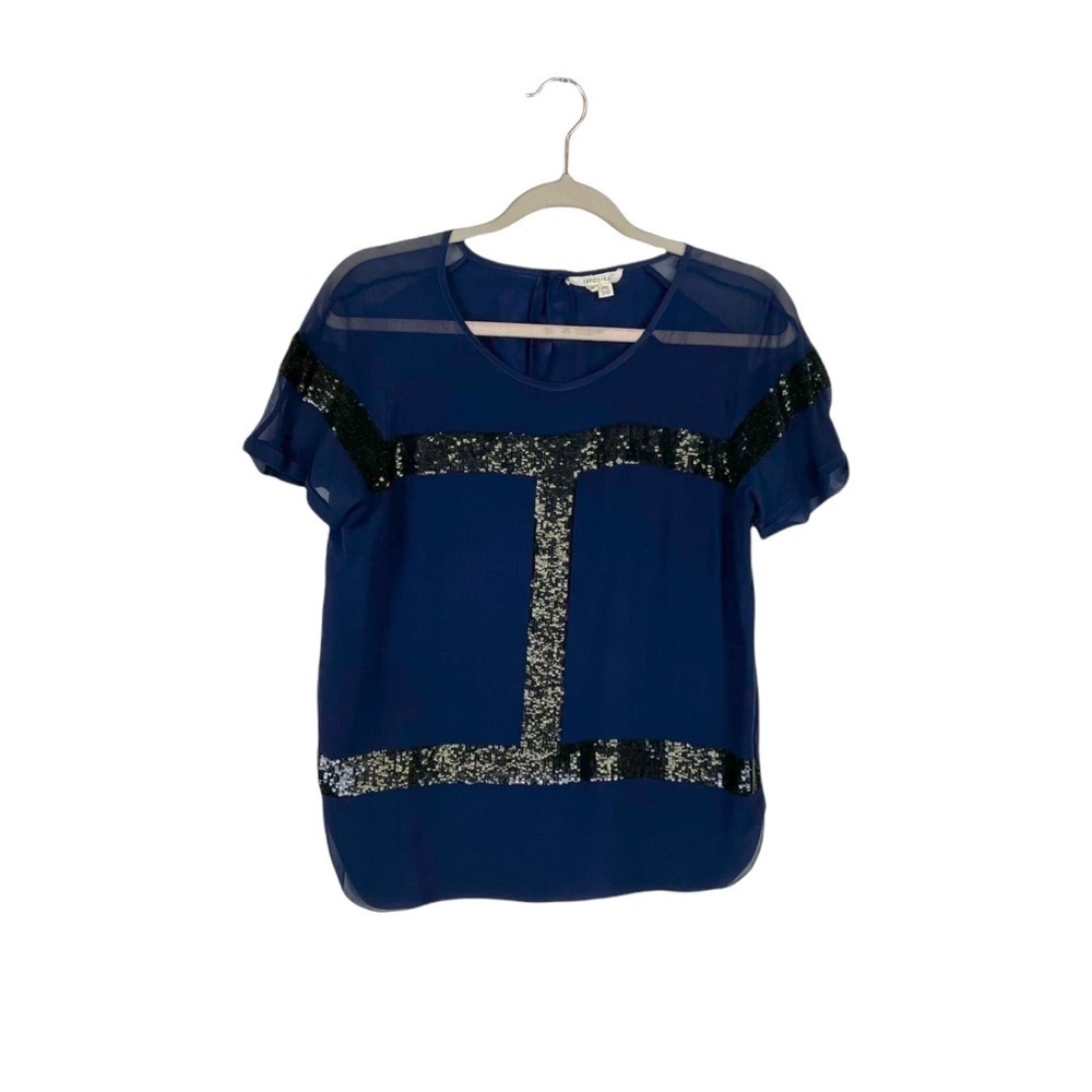 Renzo + Kai‎ Navy Sequin Silk Blouse Top Size Médium M.